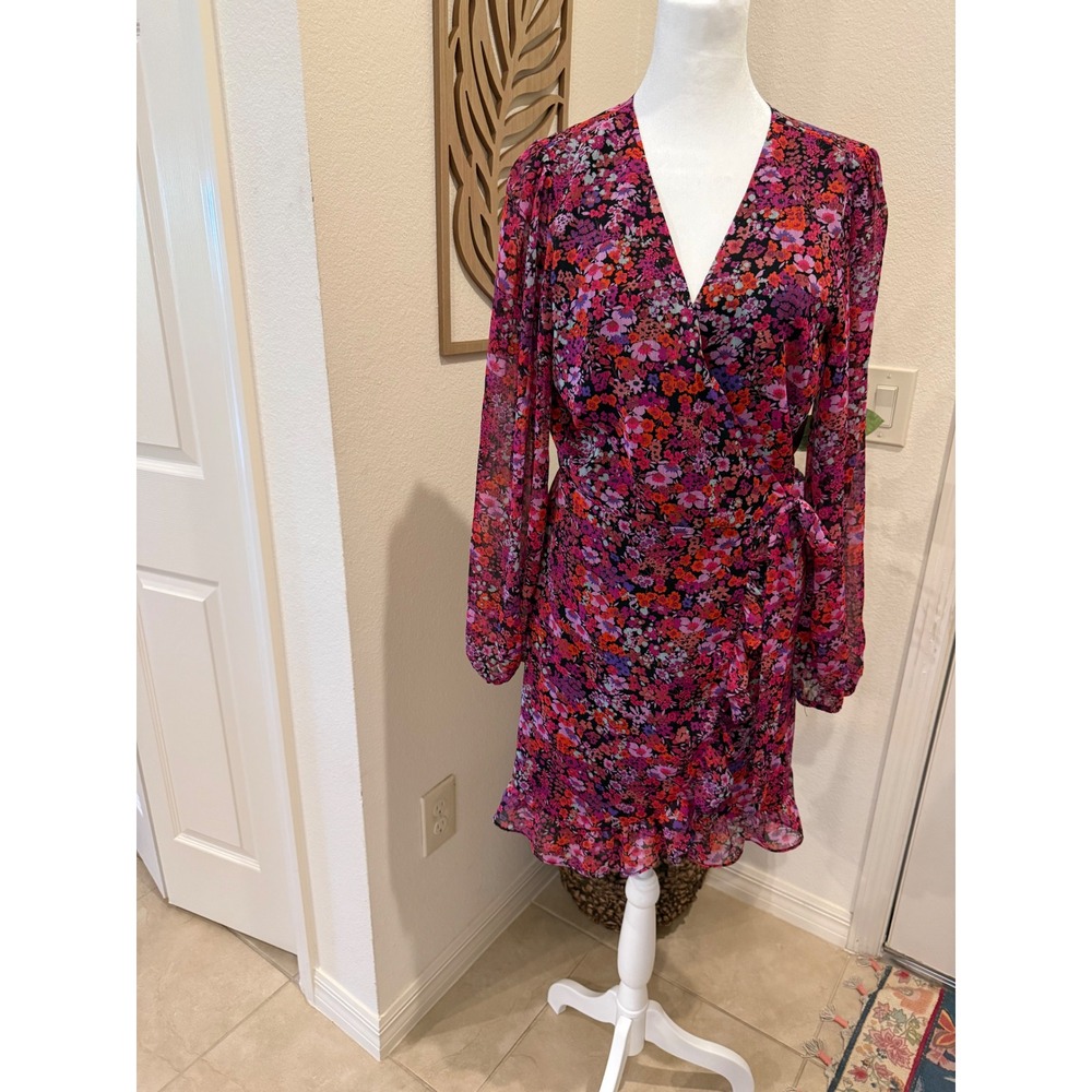 Sugarlips Pink Purple Floral Wrap Mini Dress Long Sleeve Ruffle STD13021A size M